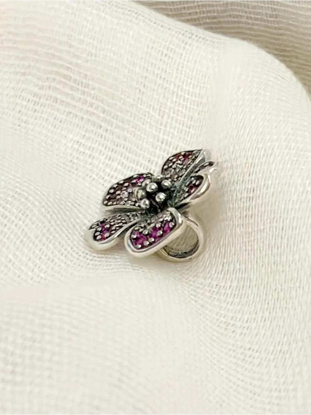 Pink Pavé Peach Blossom Oversized Flower Charm | 925 Sterling Silver, Pink CZs